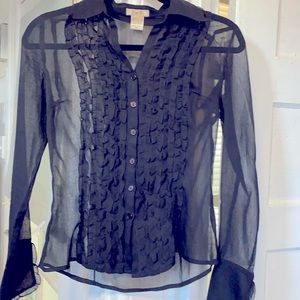 Sheer ruffled black button down top